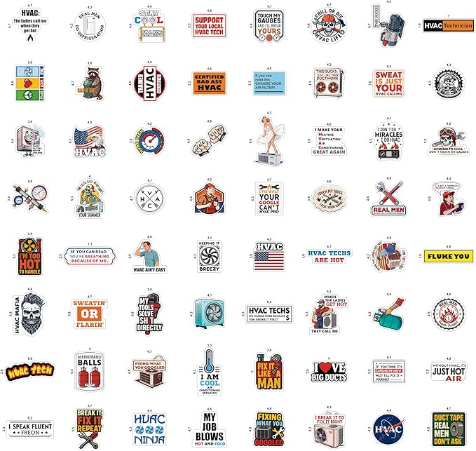 100Pcs HVAC Stickers Hard Hat, Water Bottle, Laptop – HVAC Toolbox Decals – Air Conditioning Stickers - Funny Hard Hat Decals - Gifts for Men & Women