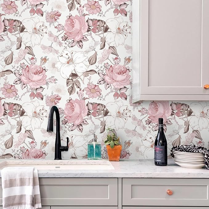 Hopepak 16.1''x394'' Floral Peel and Stick Wallpaper Modern Pink Contact Paper Removable Self Adhesive Wall Paper for Bedroom Bathroom Cabinets Decor Waterproof Vinyl