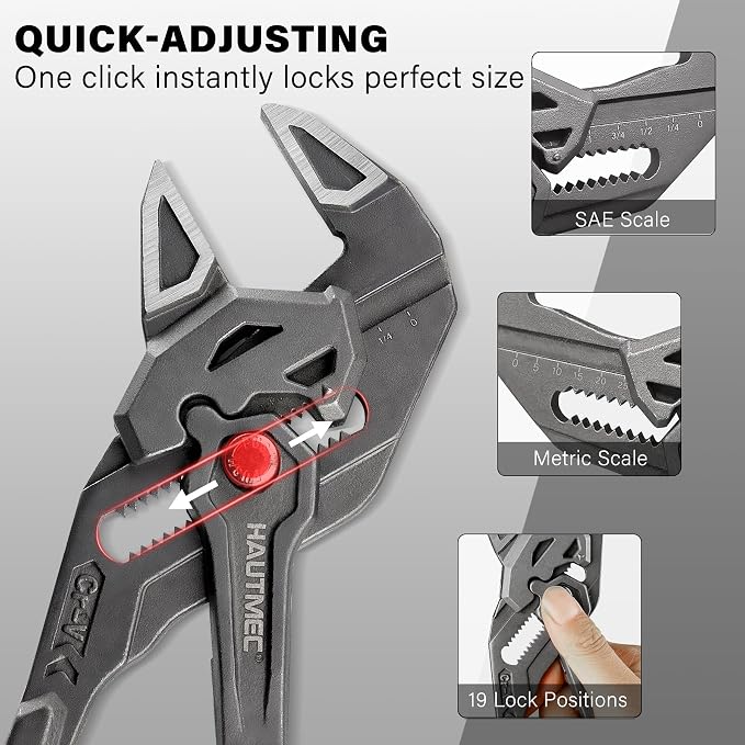 HAUTMEC Adjustable Pliers Wrench, 10-Inch Smooth Jaw Parallel Pliers, Heat-Treated CR-V Steel & Phosphated Rust-Resistant, SAE/Metric Scale, Storage Belt Pouch for Professional Plumbing & DIY