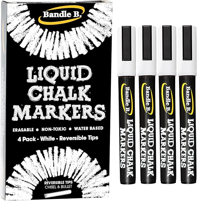 Bandle B. Chalk Markers - 4 White, Erasable, Non-Toxic, Water-Based, Reversible Tips, Crisp White For Kids and Grown-Ups for Glass and Chalkboard Markers for Businesses, Restaurants (6mm)