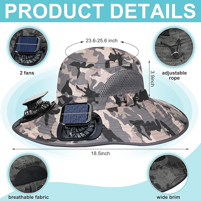 Glitopper 2 Set Wide Brim Solar Fan Hats with 2 Solar Fan and Arm Sleeves Set Outdoor Fishing Bucket Hat for Men Women Hiking