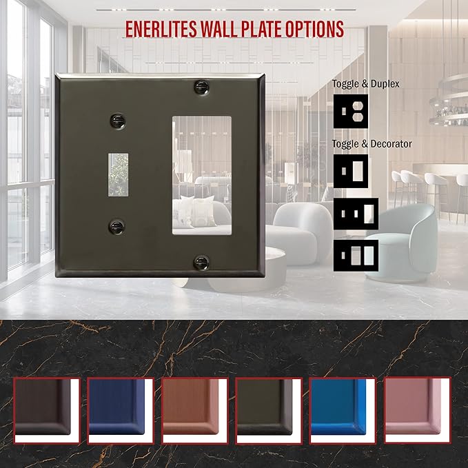 ENERLITES Combination Toggle Switch and Decorator Receptacle Metal Wall Plate, Corrosion-Resistant, Stainless Steel 201, Standard Size 2-Gang 4.50" x 4.57", UL Listed, 771131-PBK, Polished Black