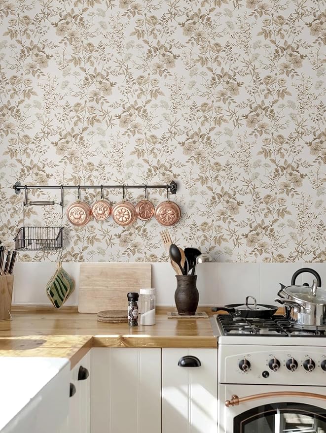 Erfoni 16.9" x197" Beige Floral Peel and Stick Wallpaper Boho Floral Leaf Contact Paper Boho Self Adhesive Wall Paper Flower DIY Removable Decoration Wallpaper for Livingroom Accent Wall Covering