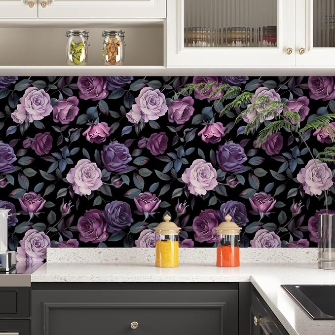 Vintage Dark Purple Rose Floral Peel and Stick Wallpaper 17.5"x393" | Self Adhesive/Removable/Waterproof/Thick Vinyl Contact Paper for Bathroom Bedroom Shelf Cabinet Drawer,Prepasted,Easy Peel