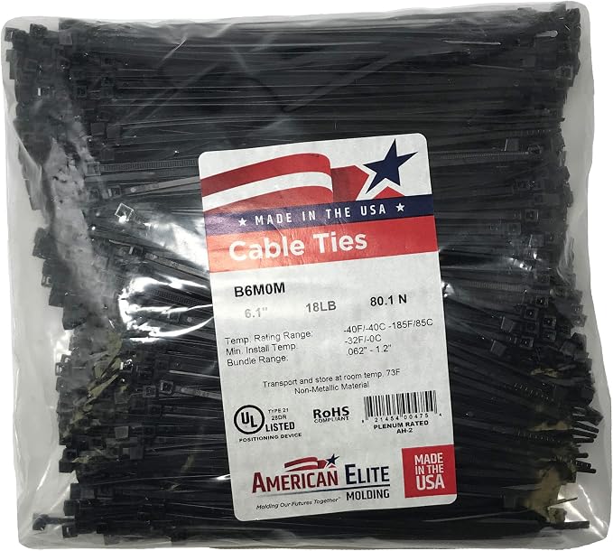Standard Black 6" Inch Cable Zip Ties 18 Pounds Tensile Strength UV Resistant Wire Wrap - 1000 Pack - Made in USA