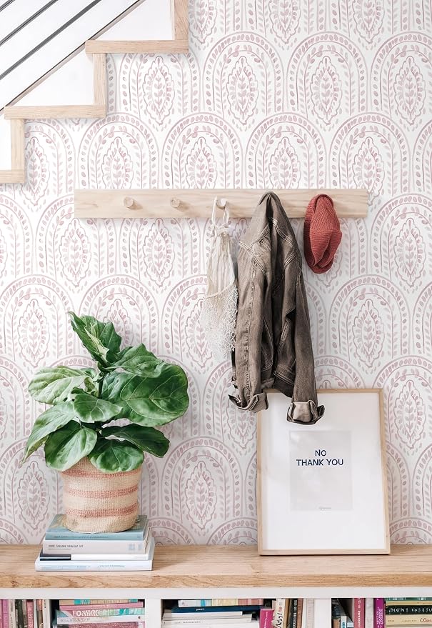 EeeComing Pink Peel and Stick Wallpaper Boho Wall Paper Peel and Stick Modern Contact Paper Self Adhesive Wallpaper for Bedroom and Bathroom Removable Cabinet Shelf Liner Vinyl 17.3”X393.7”