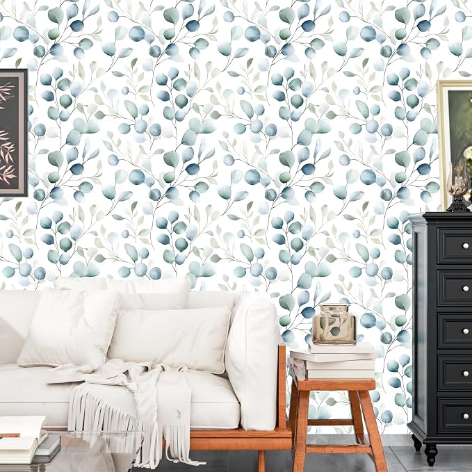 Danodoi Blue Green Vintage Leaf Peel and Stick Wallpaper 17.5" x 393" | Waterproof Vinyl Self Adhesive Removable Renter Friendly Floral Contact Paper