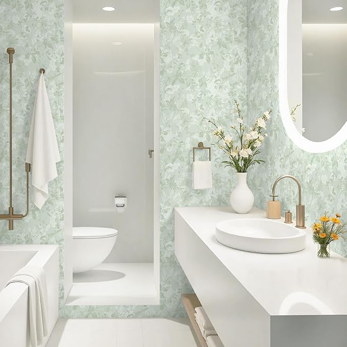 17.3" X 197" Peel and Stick Wallpaper Floral Boho Green Contact Paper Bird Cute Girl Modern Wall Paper Renter Friendly Waterproof Removable Self Adhesive Bedroom Kitchen Dorm Cabinets Vinyl
