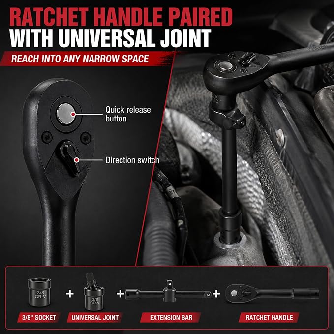 3/8” CR-V Steel Drive Impact Socket Set | 110-Piece Standard SAE(5/16 to 3/4-inch) Metric Size(8-22mm) with Ratchet Handle, Extension Bar, Universal Joint