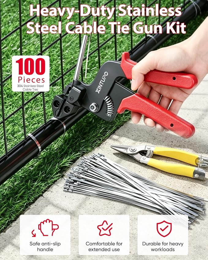102PCS Heavy-Duty 304 Stainless Steel Cable Tie Gun Kit, Includes 100PCS 11.8 Inch Metal Zip Ties, Industrial Shears, Self-Locking, UV & Corrosion Resistant, for Fence Farm Chicken Coop Industrial Use