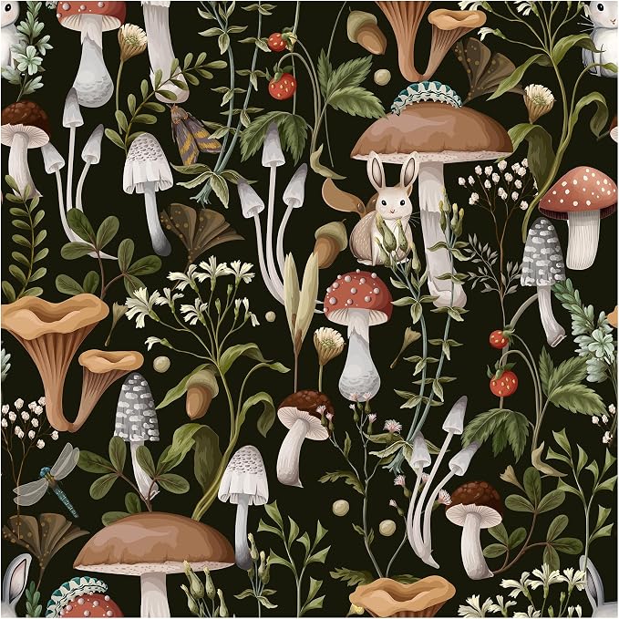 Mushroom Wallpaper Peel and Stick Black Contact Paper 17.7"×197" | Self Adhesive Wallpaper Removable Boho Leaf Forest Contact Paper for Cabinets Kitchen Vintage Wallpapers Waterproof Vinyl