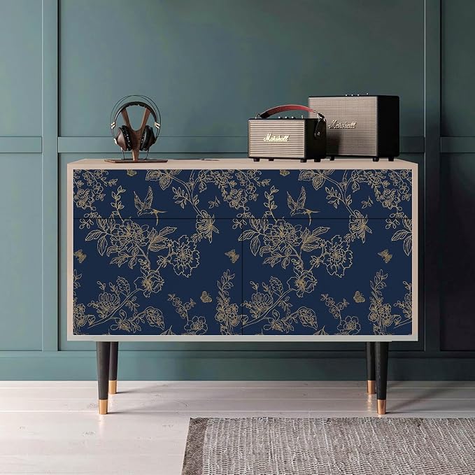Froluya Dark Blue Peel and Stick Wallpaper Vintage Floral 17.7in×590.5in | Navy Blue and Gold Floral Self Adhesive Wall Paper Dark Birds Removable Decorative Contact Paper for Bathroom Cabinets Vinyl