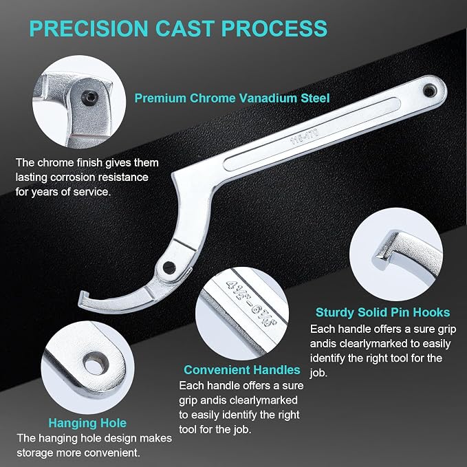4 Pieces Adjustable Pin Spanner Wrench Tool Set | 3/4" to 6-7/10" C Pin Spanner Hook Wrench Tool for Pipes Heating, Vehicles, Mechanical Equipments (Square Head)