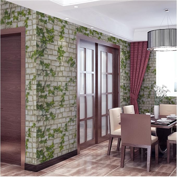 Peel and Stick Wallpaper Brick Wall Paper Green Leaves Brick 3D BrickStone Self Adhesive Removable Contact Paper Textured Vintage Wallpaper Decorative Wall Classroom Covering 23.6"x196"