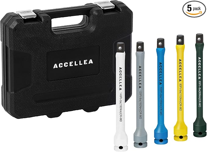 5Pcs Torque Limiting Extension Set 1/2" Drive 65-140 Ft-Lbs Torque Sticks | 8" Long Industrial Grade CR-MO Steel, Color-Coded Impact Socket Extension Bar Set, SAE Standard for Lug Nuts, Tire Repair