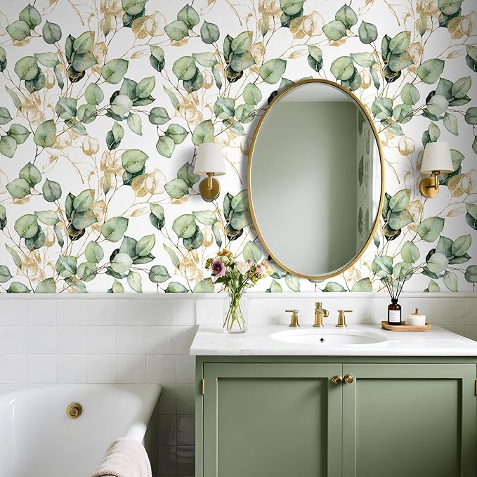 Livelynine 17.5x276 Green Gold Peel and Stick Wallpaper Boho Green Eucalyptus with Gold Watercolor Botanical Wall Paper for Bathroom Bedroom Renter Friendly Eucalyptus Teacher Contact Paper Adhesive