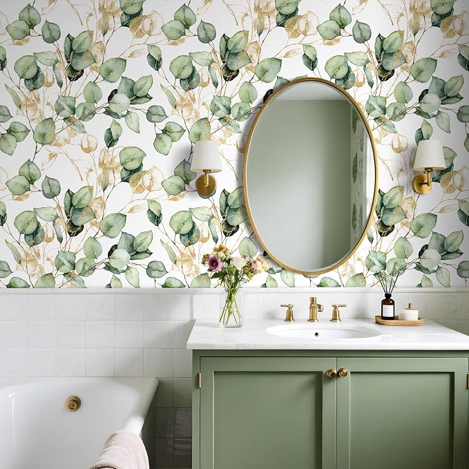 Livelynine Sage Green and Gold Botanical Wallpaper Peel and Stick Elegant Muted Green Eucalyptus Leaf Wallpaper Prepasted Removable White Gold Boho Contact Paper for Cabinets Classroom Wall 17.5x78.8