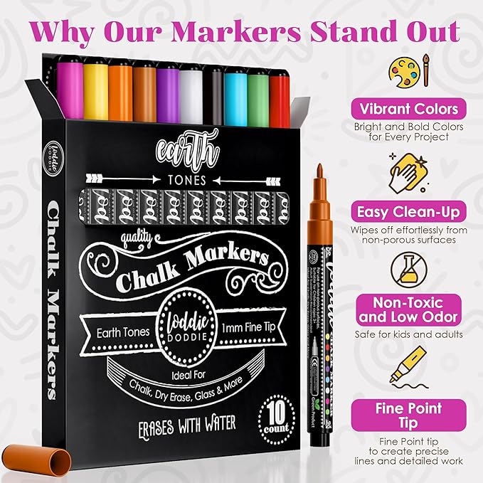 Loddie Doddie Liquid Chalk Markers - Pack of 10, Earth Tones, 1mm Tip - Chalk Pens for Blackboard Art - Non-Toxic Low-Odor Ink - Window Markers for Glass Surfaces