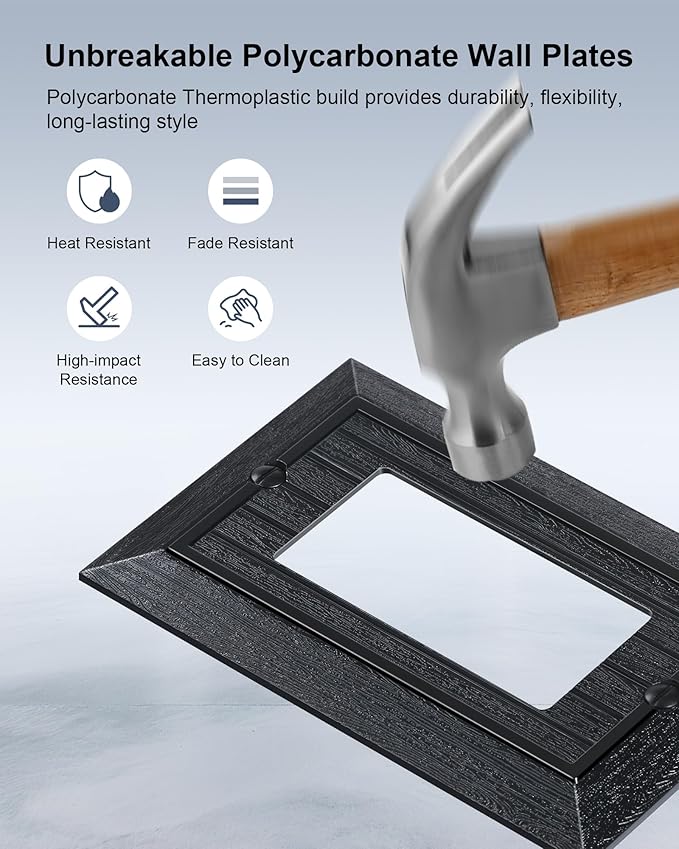 2-Pack Classic Beadboard Decorator Wall Plate Cover, Matte Black Decorative Switch Plates and Outlet Covers, Durable Unbreakable Polycarbonate Wall Plate for Electrical Outlet, Receptacle, GFCI Outlet