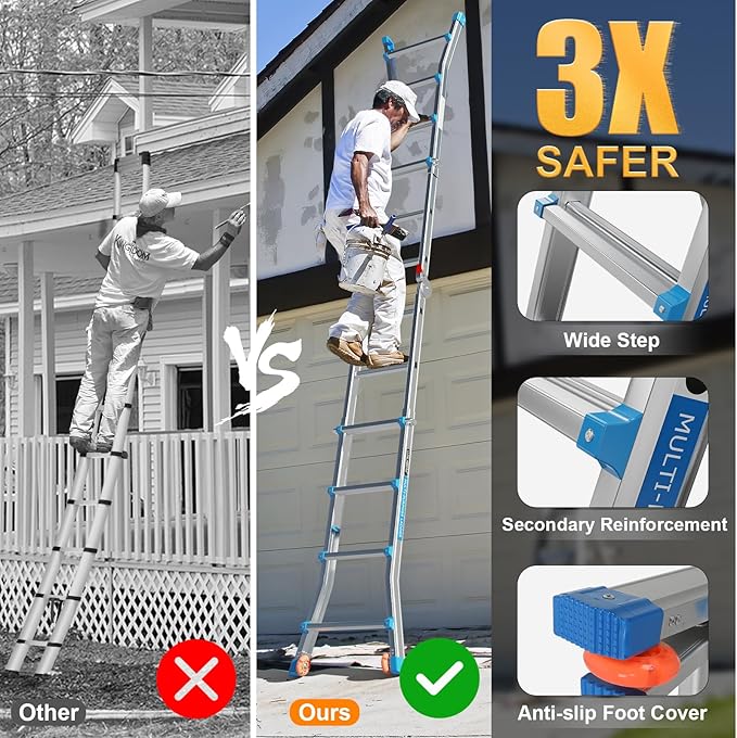 LUISLADDERS Ladder, A Frame Step Ladder Telescoping Ladder, Muti Position Folding Ladder Flared Leg & Wheels Design, 330 lbs Capacity Extension Ladder for Household Outdoor Work (17 FT)