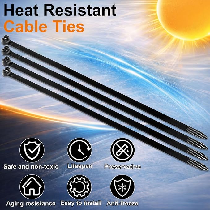 Blulu 200 Pcs 13 Inch Heavy Duty Cable Zip Ties, 9.7mm Extra Wide, 100 Lbs Tensile Strength, Metal Tooth Stainless Steel Locking, Black UV Resistant Wire Wraps for Industrial, Indoor and Outdoor Use