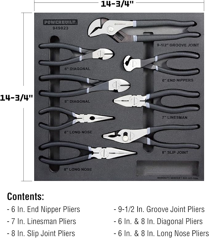 Powerbuilt 8 Piece Master Pliers Set, Long Reach, Diagonal, Slip Joint, Adjustable, Linesman, Groove Joint, End Nippers, Hand Tools Organizer Tray - 949023