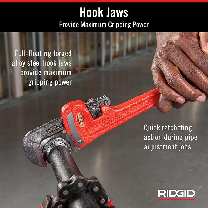 RIDGID 31015 Heavy-Duty Straight Pipe Wrench, 12" Sturdy Plumbing Wrench with Self Cleaning Threads and Hook Jaws, Red, Small