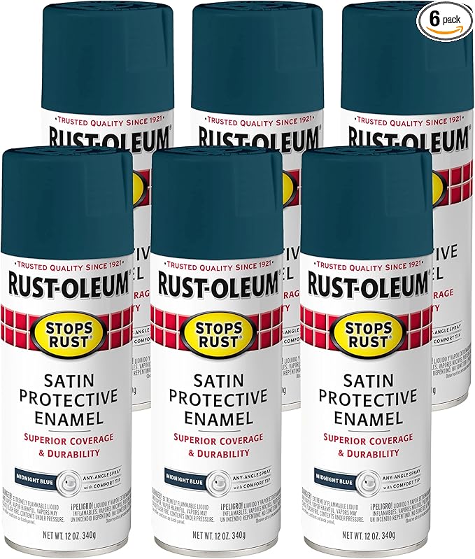 Rust-Oleum 369179-6PK Stops Rust Spray Paint, 12 oz, Satin Midnight Blue, 6 Pack
