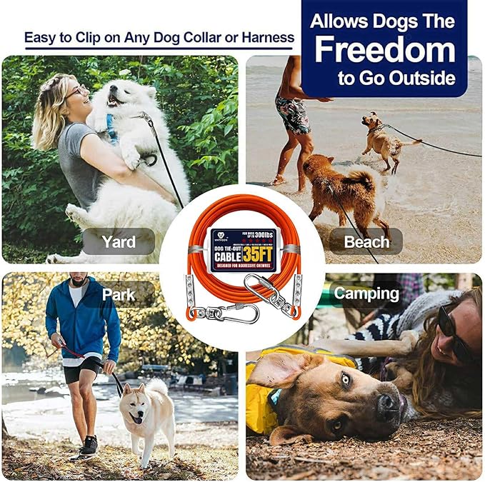 Tie Out Cable for Dogs Up to 300lbs,35ft Extra Strong 1000lbs Break Strength Tie-Out Tether Trolley Training Lead,Dog Run Cable for Yard Garden Park Camping Outside (Orange, 300lbs 35ft)