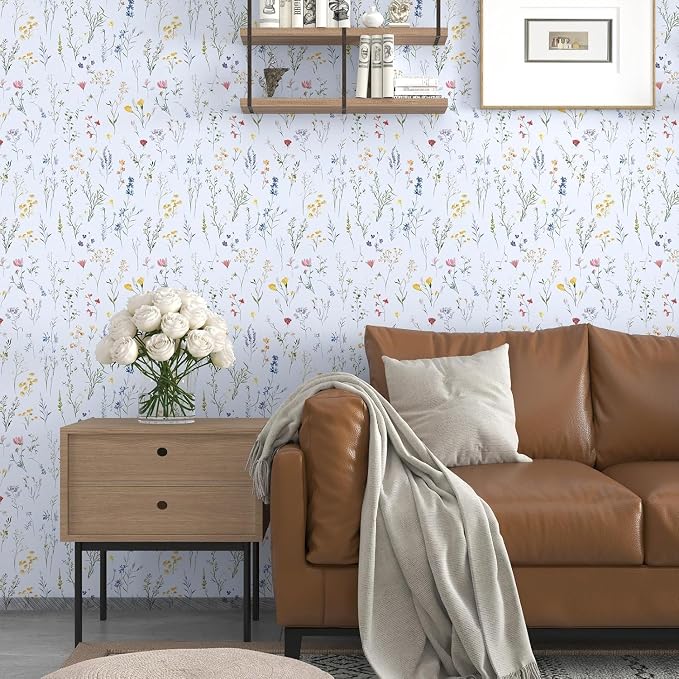 ILHIIOR Colorful Floral Peel and Stick Wallpaper Boho Leaf Contact Paper White Floral Removable Self Adhesive Waterproof Wall Paper for Cabinet Drawers Wall Decor Renter Friendly 17.5''x393''
