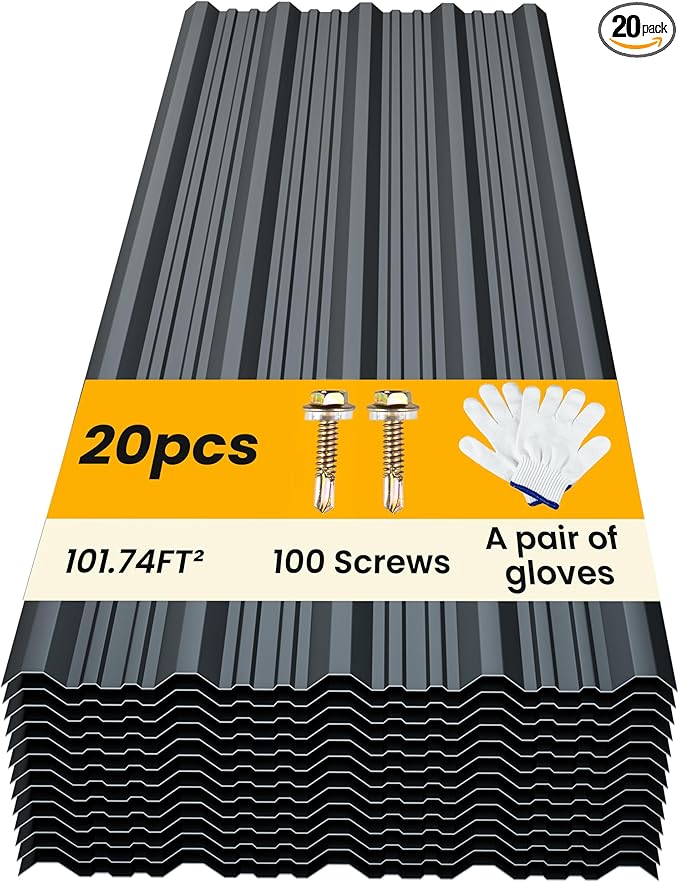 20 pcs Metal Roofing Panels - Corrugated Galvanized Roof Panels L41.34x W17.72 Inch, Waterproof Tin Roof Sheets for Garages,Sheds, Stables and Mobile Homes, Includes Screws(Grey,L41.34''-20)