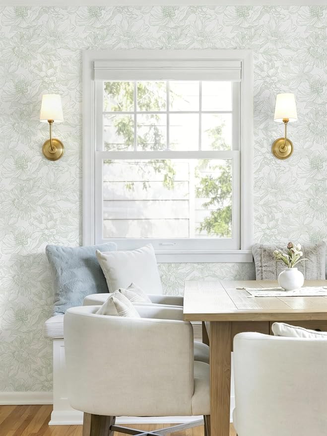 393"x17.3" Peel and Stick Wallpaper Green Floral Wallpaper White Boho Modern Contact Paper Removable Self Adhesive Flower Wall Paper for Kitchen Bathroom Bedroom Cabinets Thicken Vinyl Roll