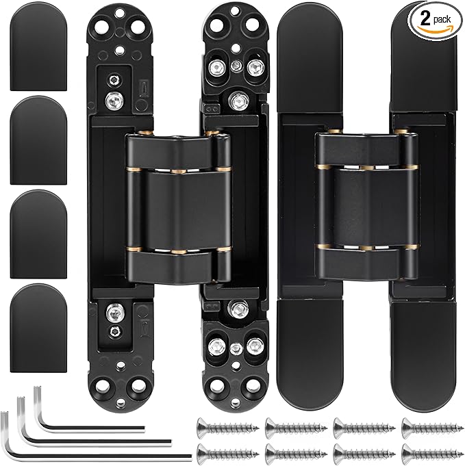 2Kits 7 inch Stainless Steel Hidden Door Hinges -Invisible Hinges for Doors, 180 Degree Swing Concealed Door Hinges, 3 Way Adjustable for Heavy Duty (‎Black)