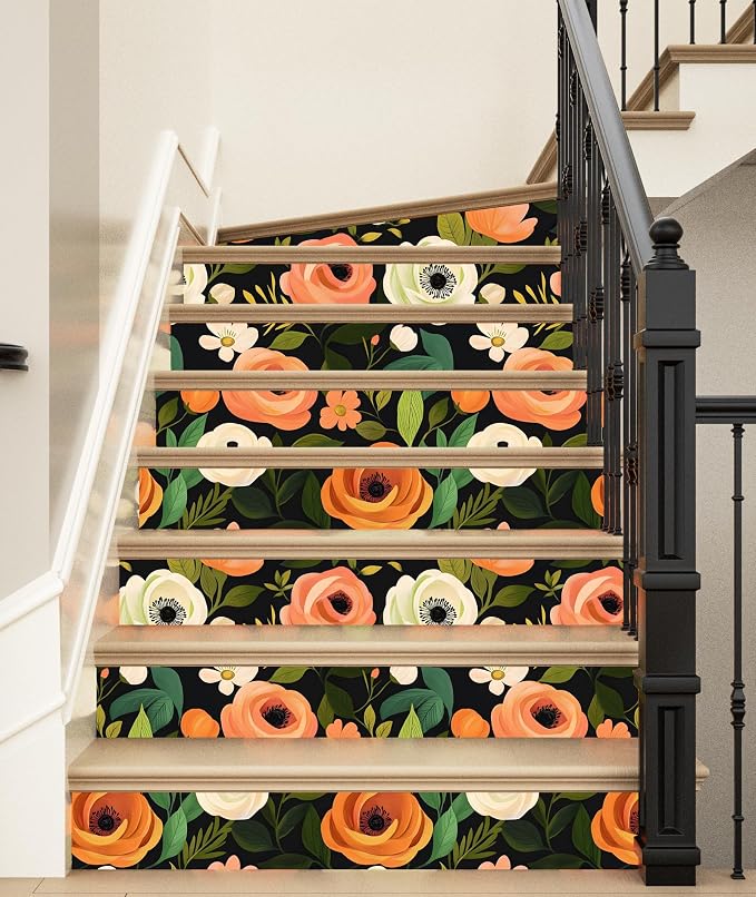 Danodoi Orange Green Vintage Floral Peel and Stick Wallpaper 17.5" x 118" | Waterproof Vinyl Self Adhesive Removable Renter Friendly Floral Contact Paper