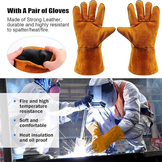 Glarks 5Pcs Welding Slag Removal Tool Set, Include 10'' Welding Chipping Hammer with Coil Spring Handle, Wire Brush and a 10'' Welding Plier with a Pair Welding Gloves