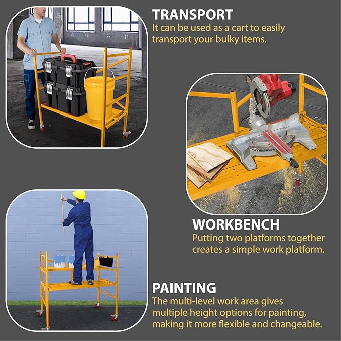 LEADALLWAY Portable Rolling Scaffolding Platform 4 Foot High Mobile Baker Scaffolding 770 LBS Capacity with Locking Wheels and Tool Bag, Yellow