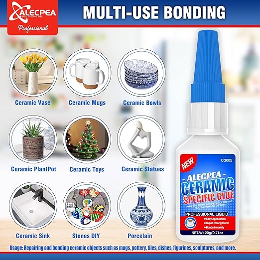 ALECPEA 20g Ceramic Glue - High-Strength Adhesive for Porcelain & Pottery Repair - Waterproof & Heat-Resistant Bond for Dishes, Tiles, Vases & Statues - Quick 15s Set with 3 Precision Tips