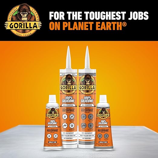 Gorilla 100% Silicone Waterproof Caulk, All‑Purpose Sealant, Mold & Mildew Resistant, Flexible Seal, White, 10 oz Cartridge (Pack of 1)