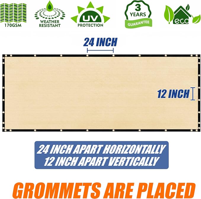 Amgo Custom Made 8' x 18' Beige Fence Privacy Screen Windscreen with Bindings & Grommets, Heavy Duty for Commercial and Residential, 90% Blockage, Cable Zip Ties Included (We Customize)
