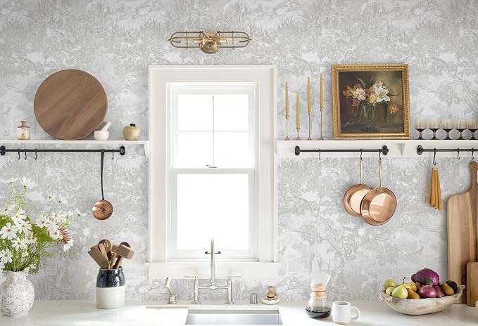 Ismoon Gray Peel and Stick Wallpaper Neutral Wall Paper 17.3in×6.56ft Vintage Removable Self-Adhesive Wallpaper Animals Jungle Contact Paper for Cabinets Bathroom Walls Covering Vinyl Roll