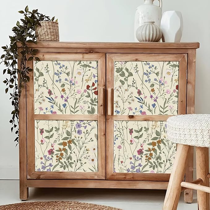 Wallpaper Self-Adhesive Blooming Vintage Colourful Flowers Wall Paper for Bedroom Living Room Cabinet, Peel and Stick Beige Sketch Little Flowers Wallpaper Mural 7.1 sq. feet (59"x17.3")