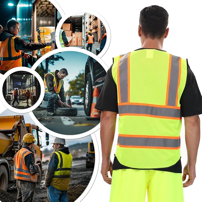 JKSafety Hi Vis Reflective Safety Vests for Men Women High Visibility Vest with Pockets Mesh Fabric Construction Safety Apparel Neon Vest for Work (220-OBlack 4XL)