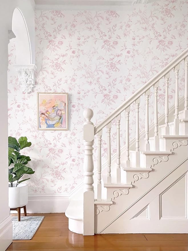 Ismoon Floral Peel and Stick Wallpaper Vintage Pink Wall Paper French Textured Contact Paper Removable Self Adhesive Wallpaper for Bedroom Vinyl Roll Renter Friendly 17.3in×9.84 ft