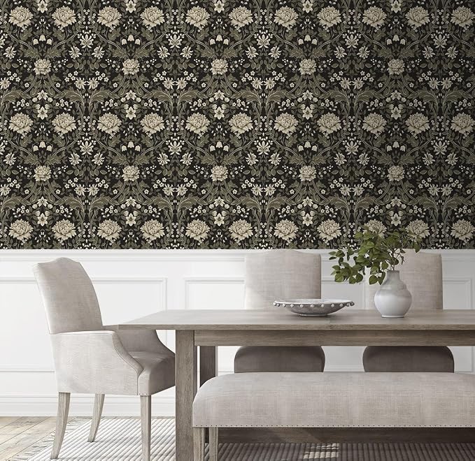 NextWall Honeysuckle Trail Floral Vintage Peel and Stick Wallpaper (Ebony & Pavestone)