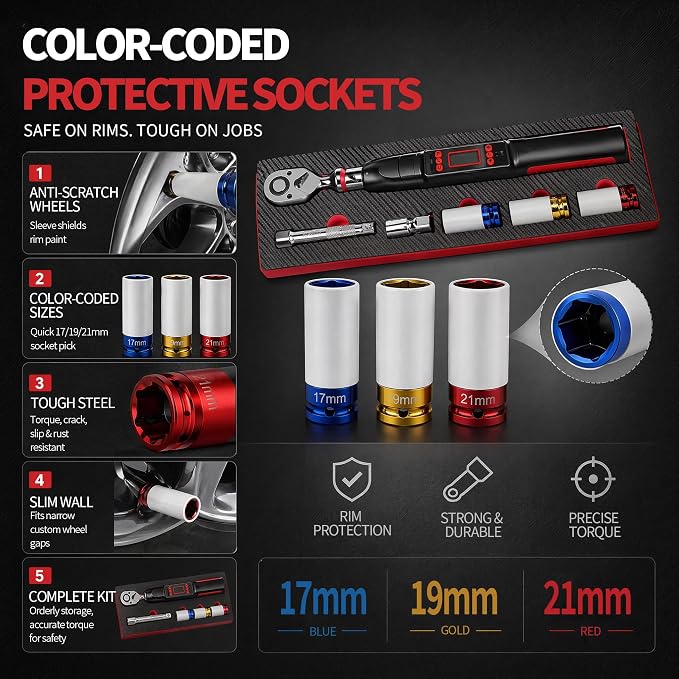 1/2" Digital Torque Wrench Set 6Pcs, 14.7-295Ft-lb(20-400Nm) ±2% Acc, Triple Vib/Beep/LED Alert, 5 Units, Torque Preset, Non-Marring Sockets, Ext Bar, Hard Case, Car Truck RV Tire Suspension Tool