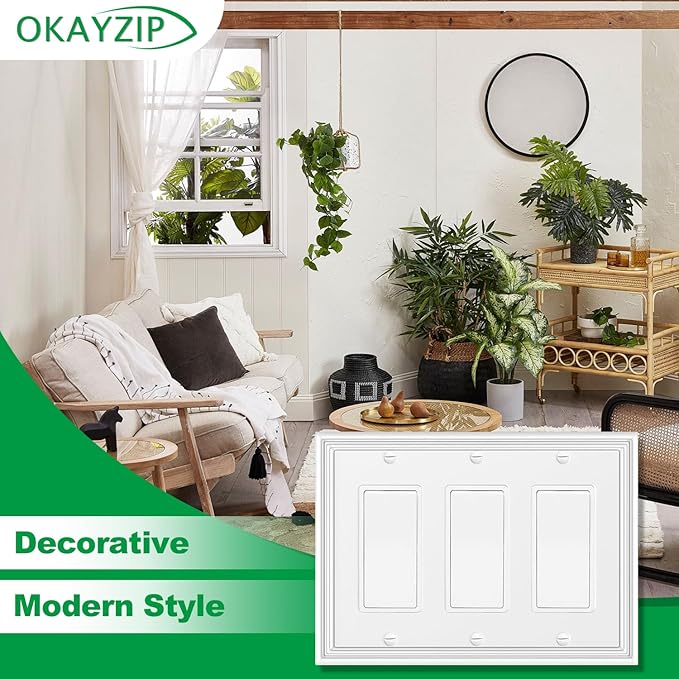 White Decorative Triple Decorator Switch Covers Wall Plate, Natural Material Rocker Switch Plates for Receptacle, GFCI Outlet, Dimmer Switch - Modern Style (3 Gang Decorator 1 Pack)