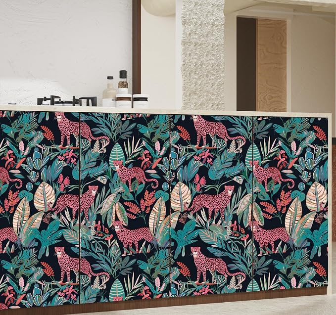 Pink Vintage Leopard Peel and Stick Wallpaper 17.5" x 118" | Waterproof Vinyl Self Adhesive Removable Renter Friendly Floral Contact Paper