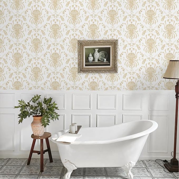 Dimoon Beige Peel and Stick Wallpaper Coastal Contact Paper Bathroom Ocean Wallpaper Boho Jellyfish Renter Friendly Waterproof for Cabinet Kitchen Bedroom Vinyl 17.3''x394''