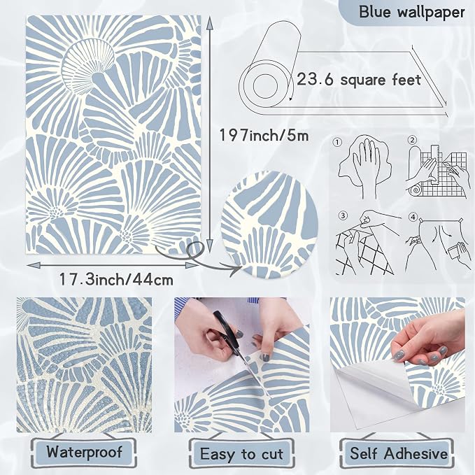 White and Blue Wallpaper Peel and Stick Wallpaper Boho 17.3"×197" Modern Wallpaper Self Adhesive Removable Wall Paper for Bedroom Blue Contact Paper for Cabinets Drawers Shelf Home Decor Vinyl Film