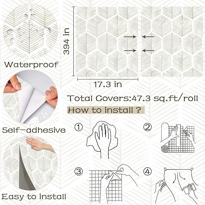 Modern Peel and Stick Wallpaper 17.3''×393'' Self Adhesive Wallpaper Boho Contact Paper Beige and White Geometric Wall Paper Removable Decorative Wallpapers for Bedroom Bathroom Cabinets Decor Vinyl